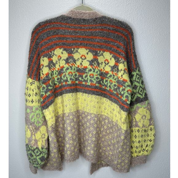 Fate Yellow Tan Gray Multi Floral & Stripe Print Open Front Cardigan XS - Picture 8 of 13